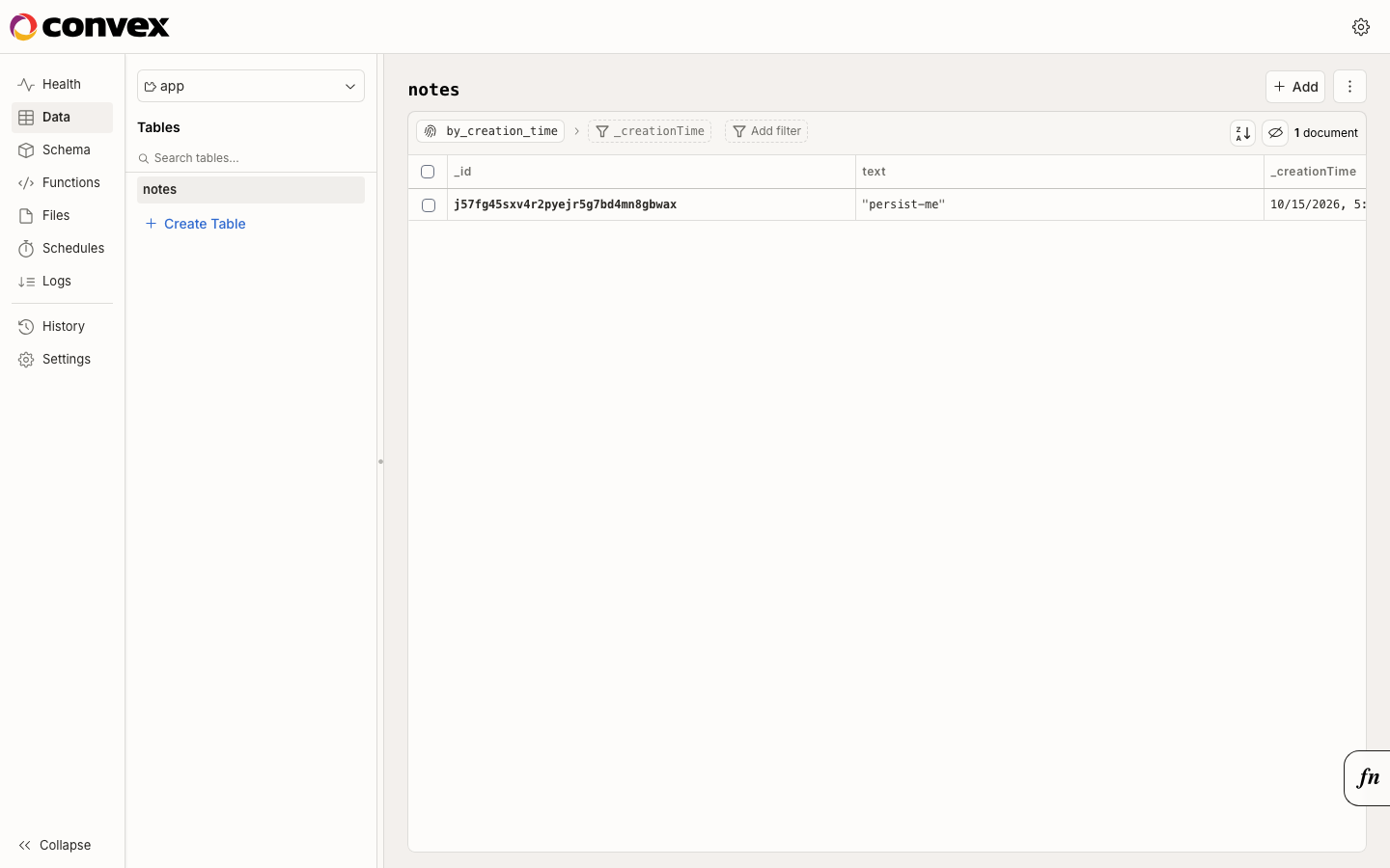The data view in the Convex dashboard