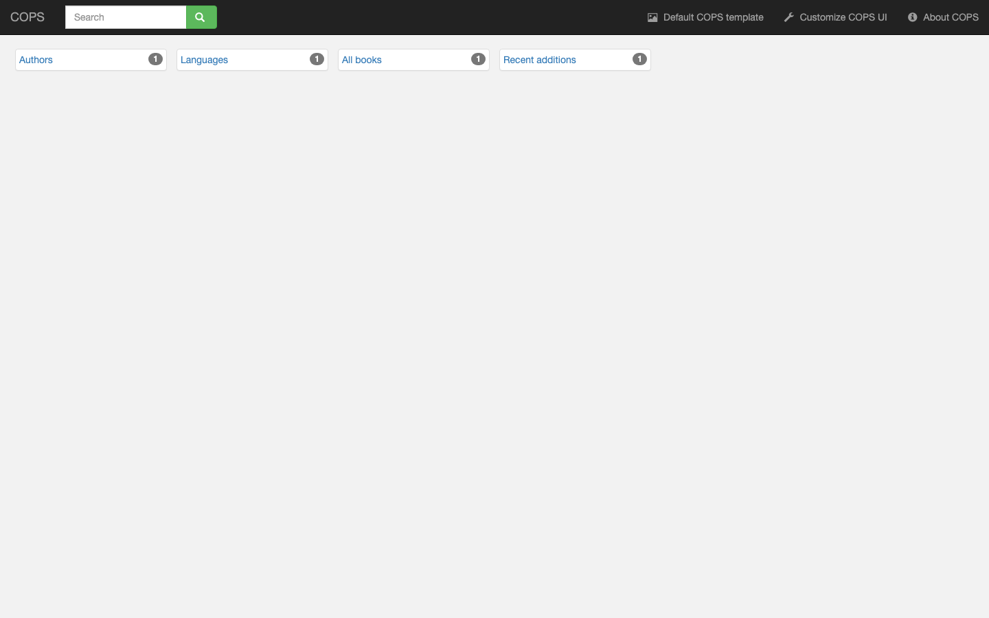 COPS home page showing the Calibre library catalog
