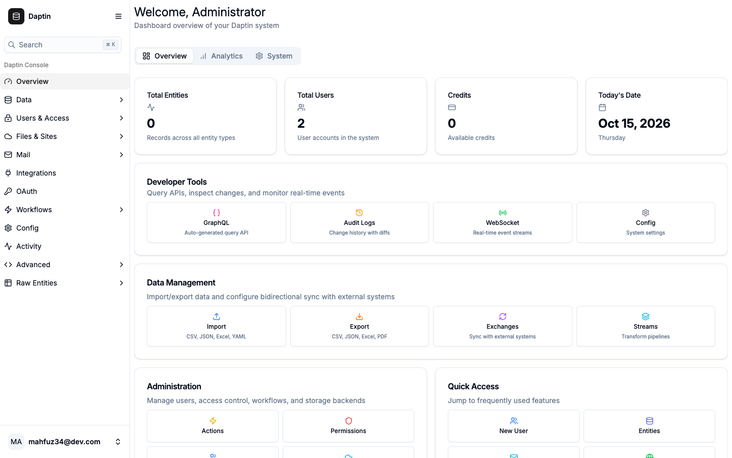 The Daptin dashboard after signing in as the administrator