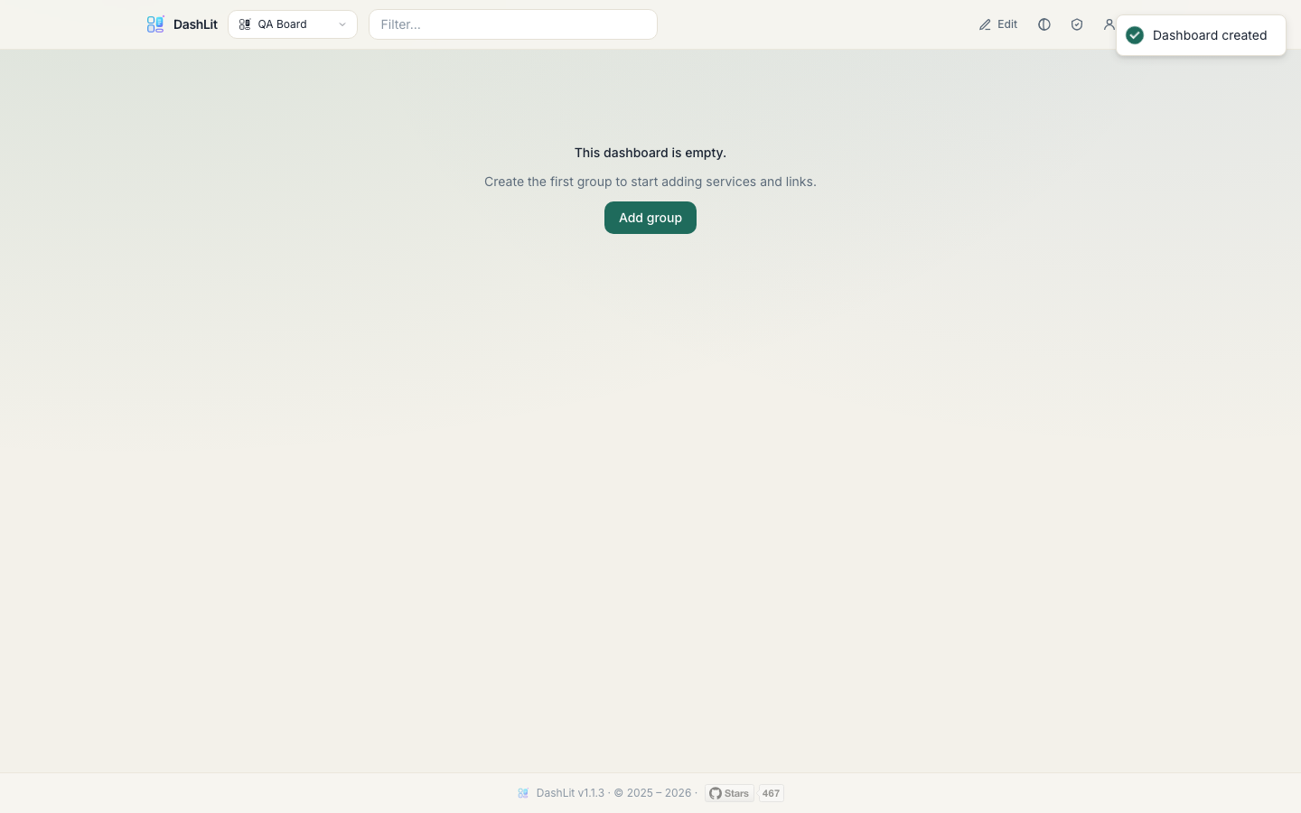 A new DashLit dashboard with a group and a link