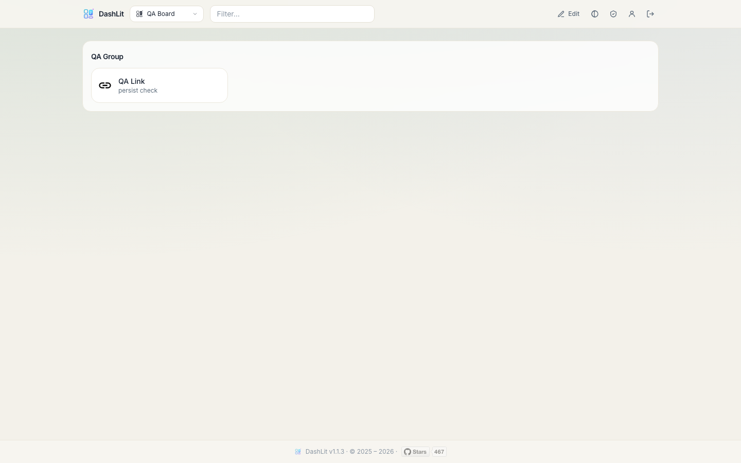 The same DashLit dashboard, group and link still present after a restart
