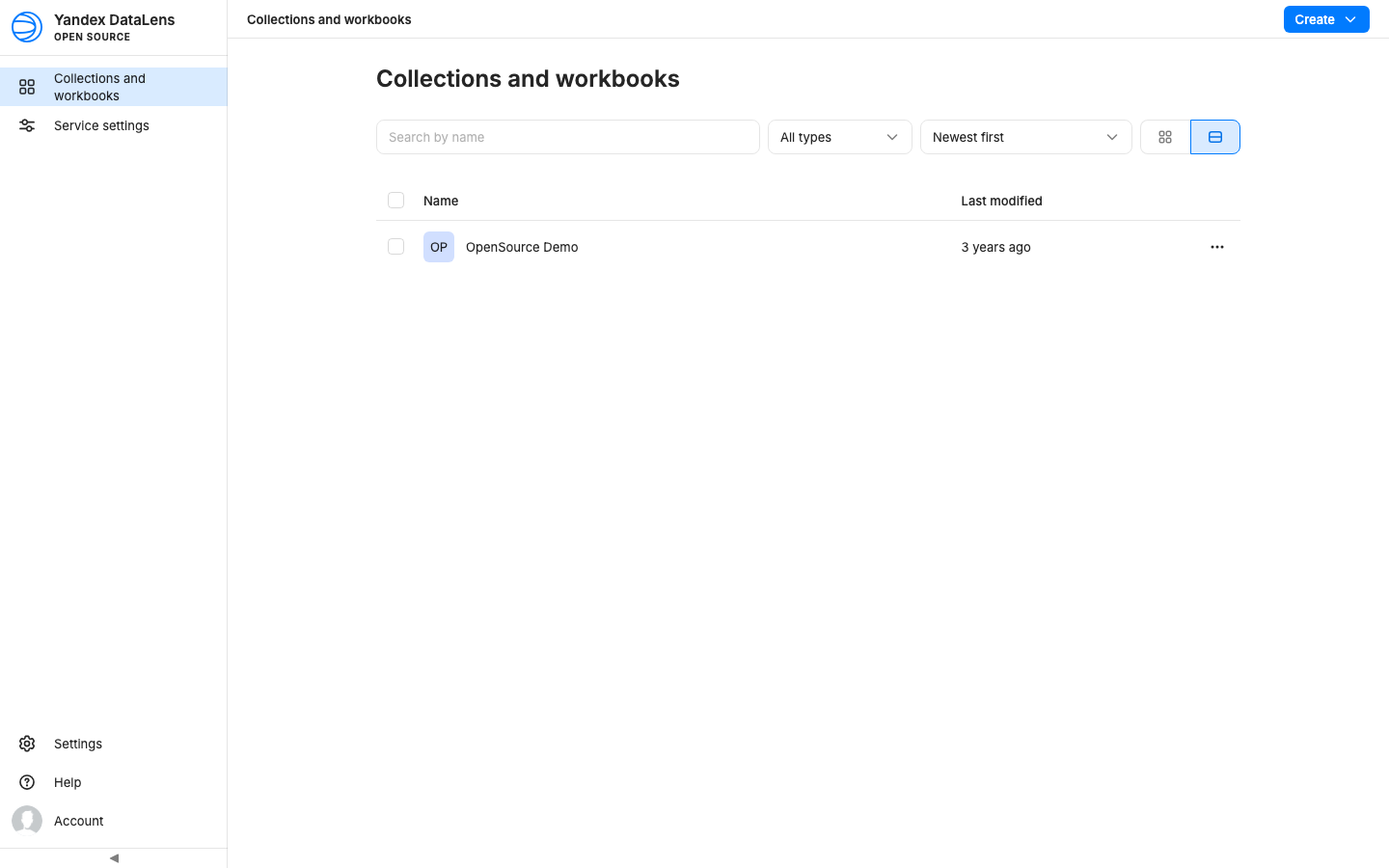 DataLens collections view after signing in as admin