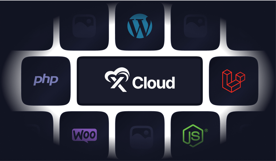 The xCloud logo surrounded by WordPress, PHP, Laravel, WooCommerce and Node.js logos