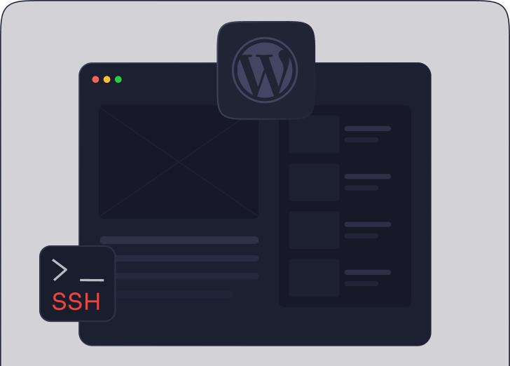 A WordPress server window beside an SSH terminal