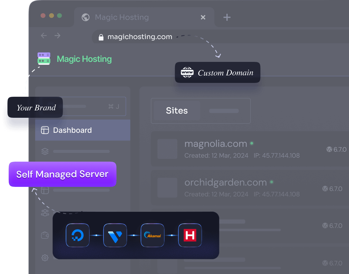 A white-labelled hosting dashboard on a custom domain, connected to a self-managed server