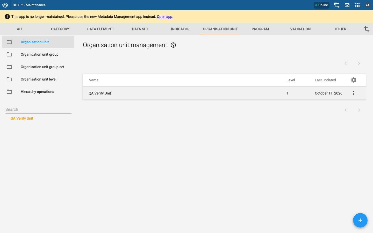 DHIS2 organisation unit management screen on a freshly installed instance