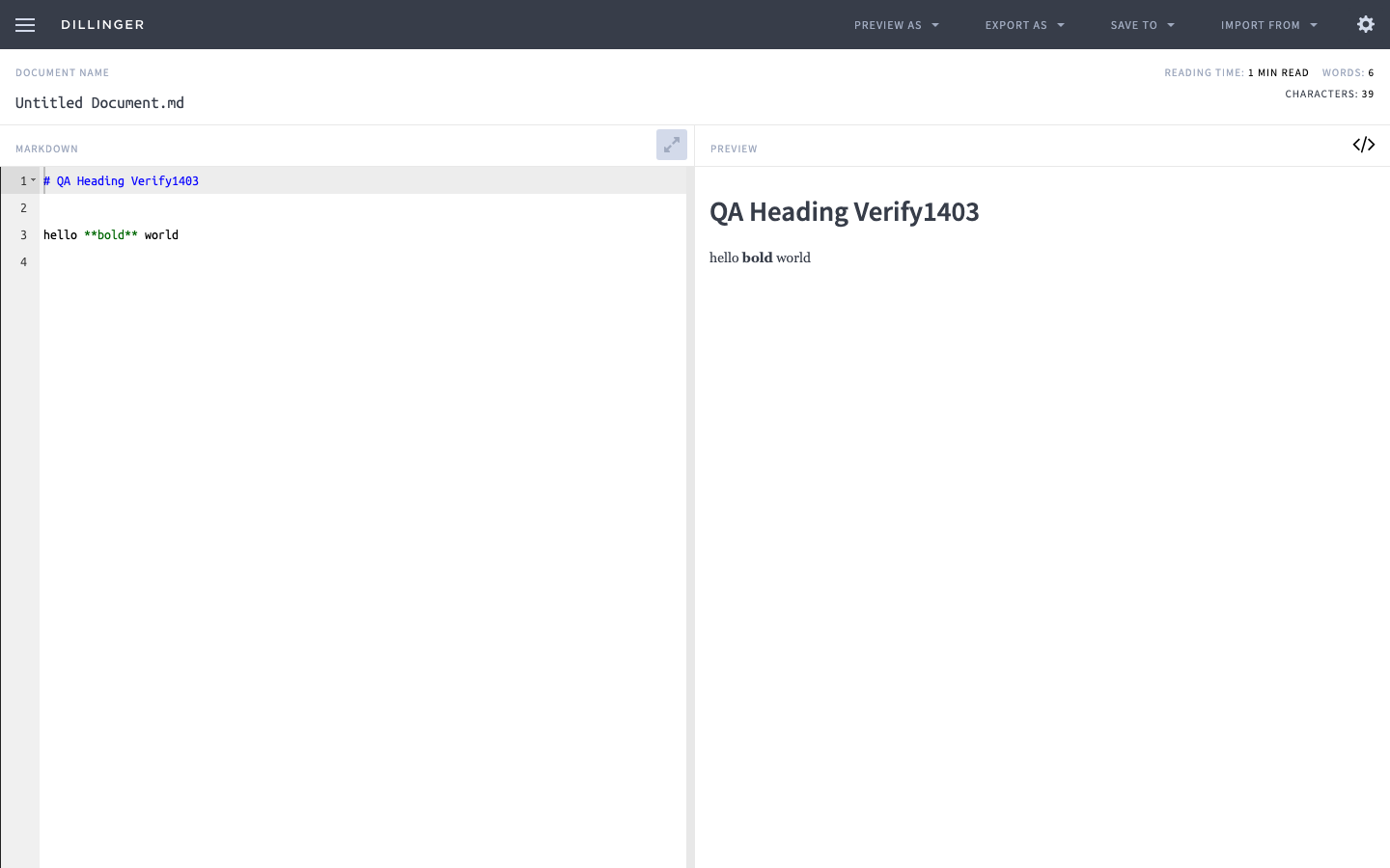 Dillinger editor with Markdown on the left and the live rendered preview on the right