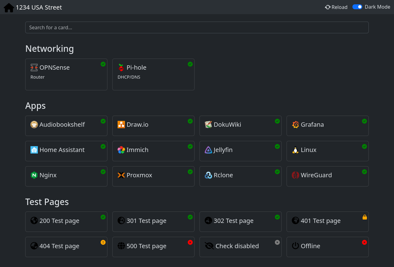 PHP Startpage in dark mode showing groups of service cards with green, orange and red HTTP status icons, from upstream's demo configuration