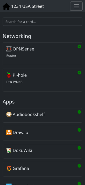 PHP Startpage in dark mode on a phone-sized screen