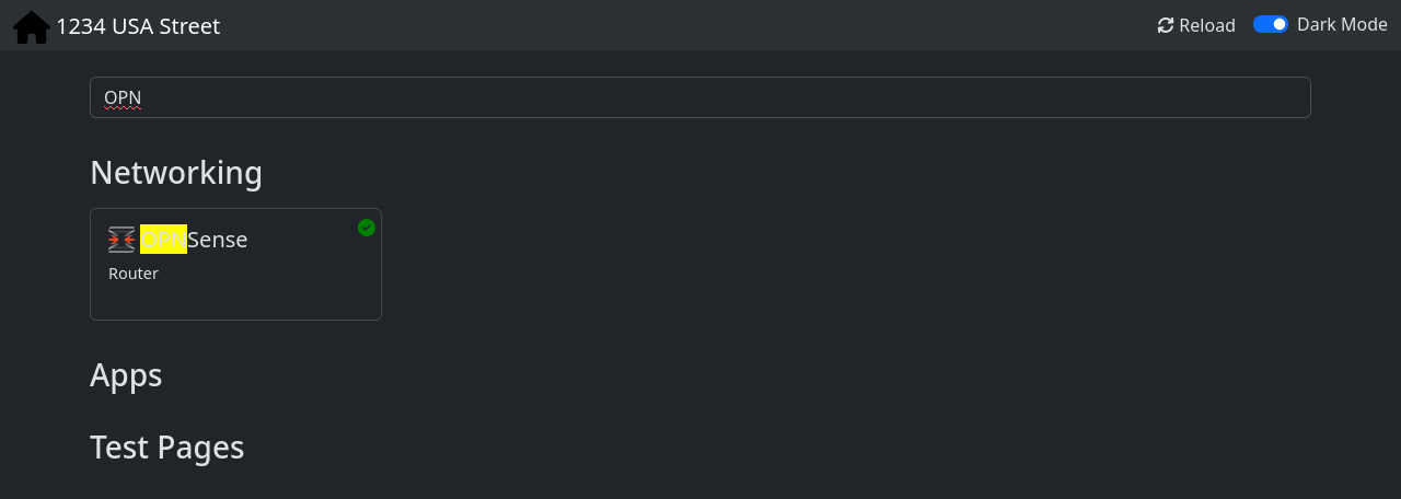 PHP Startpage card search filtering the page to the OPNSense card, from upstream's demo configuration