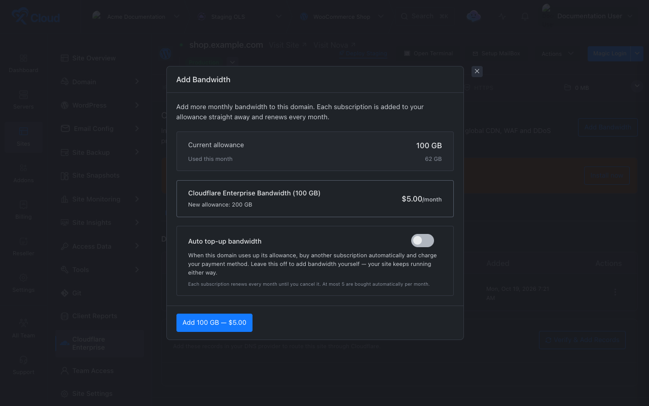 The Add Bandwidth dialog showing a 100 GB allowance, 62 GB used, the $5.00/month product, and the Auto top-up switch.