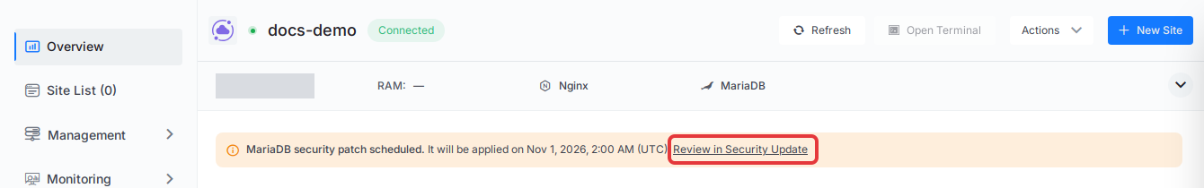 Click ‘Review in Security Update’ in the MariaDB security patch banner on the server page