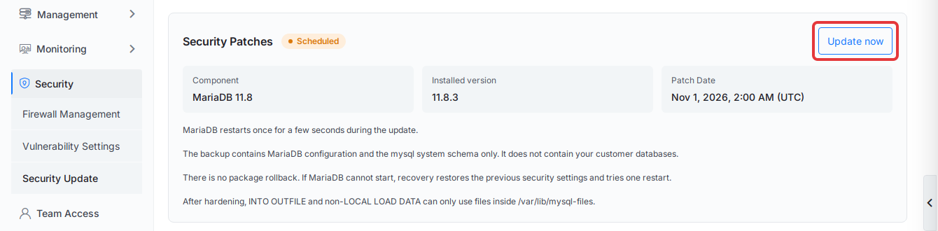 Click ‘Update now’ in the Security Patches card on the server’s Security Update page