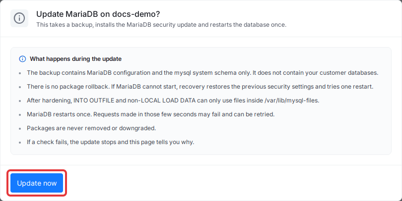 Click ‘Update now’ in the ‘Update MariaDB on docs-demo?’ confirmation dialog