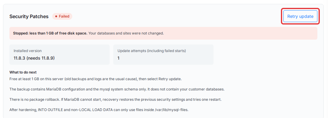 Click ‘Retry update’ after fixing the cause shown in the Failed Security Patches card