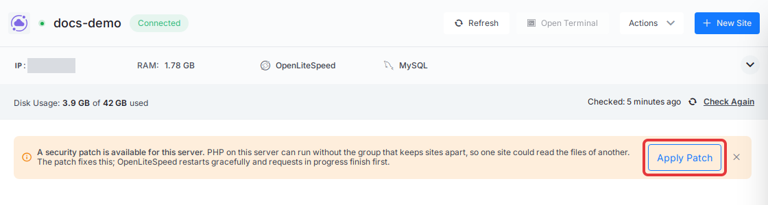 Click ‘Apply Patch’ in the security patch banner at the top of an OpenLiteSpeed server page
