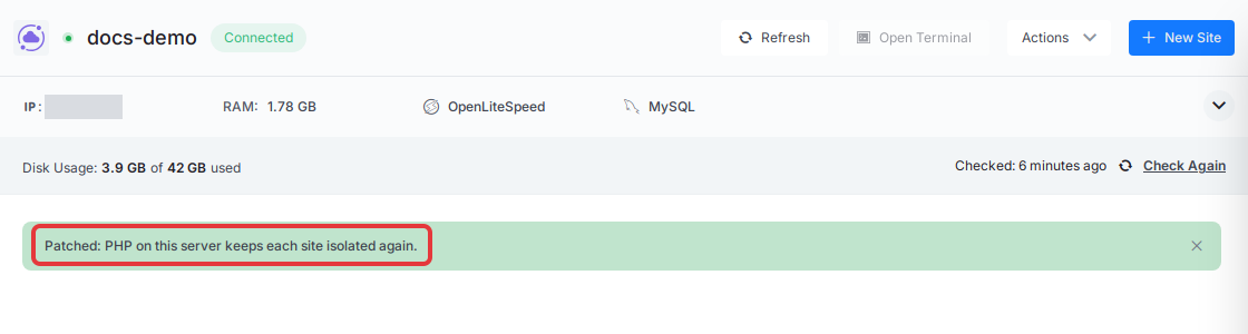 The green banner ‘Patched: PHP on this server keeps each site isolated again.’ after the patch completes