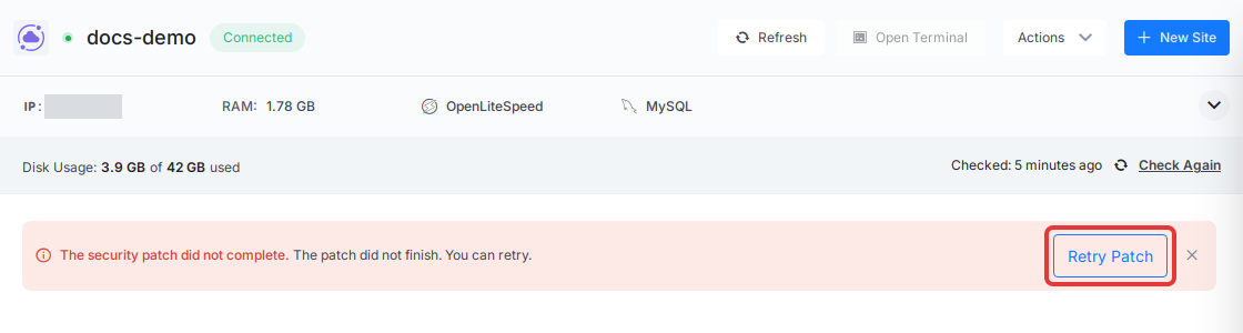 Click ‘Retry Patch’ when the banner reads ‘The security patch did not complete.’