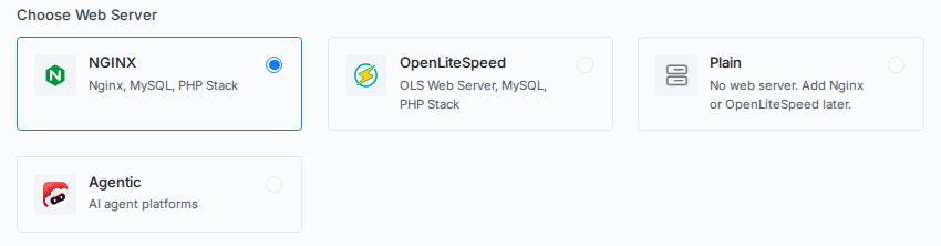 The xCloud server stack options under Choose Web Server: NGINX, OpenLiteSpeed, Plain and Agentic