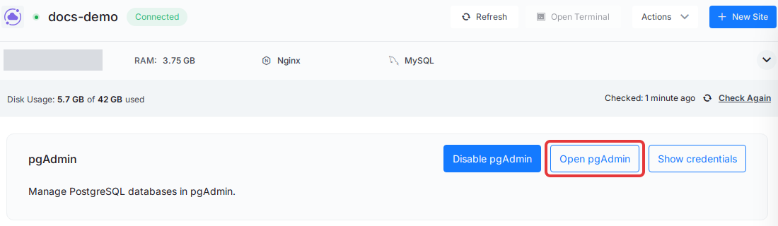 Click ‘Open pgAdmin’ on the pgAdmin card in Management → Database