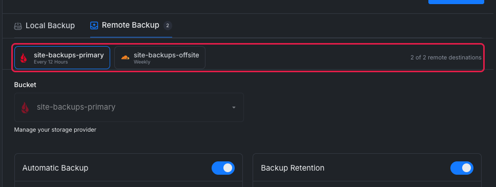 The Docker Backup Settings Remote Backup tab with two destination pills, site-backups-primary every 12 hours and site-backups-offsite weekly, and the 2 of 2 remote destinations counter highlighted