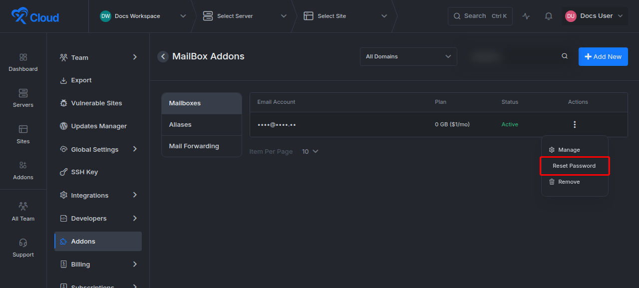 The Mailboxes list under Settings, Addons, with a mailbox actions menu open on Reset Password