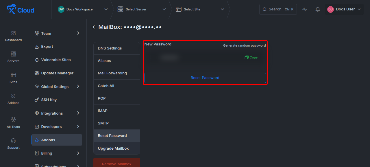 The Reset Password form with the new password field, the Generate random password option and Copy