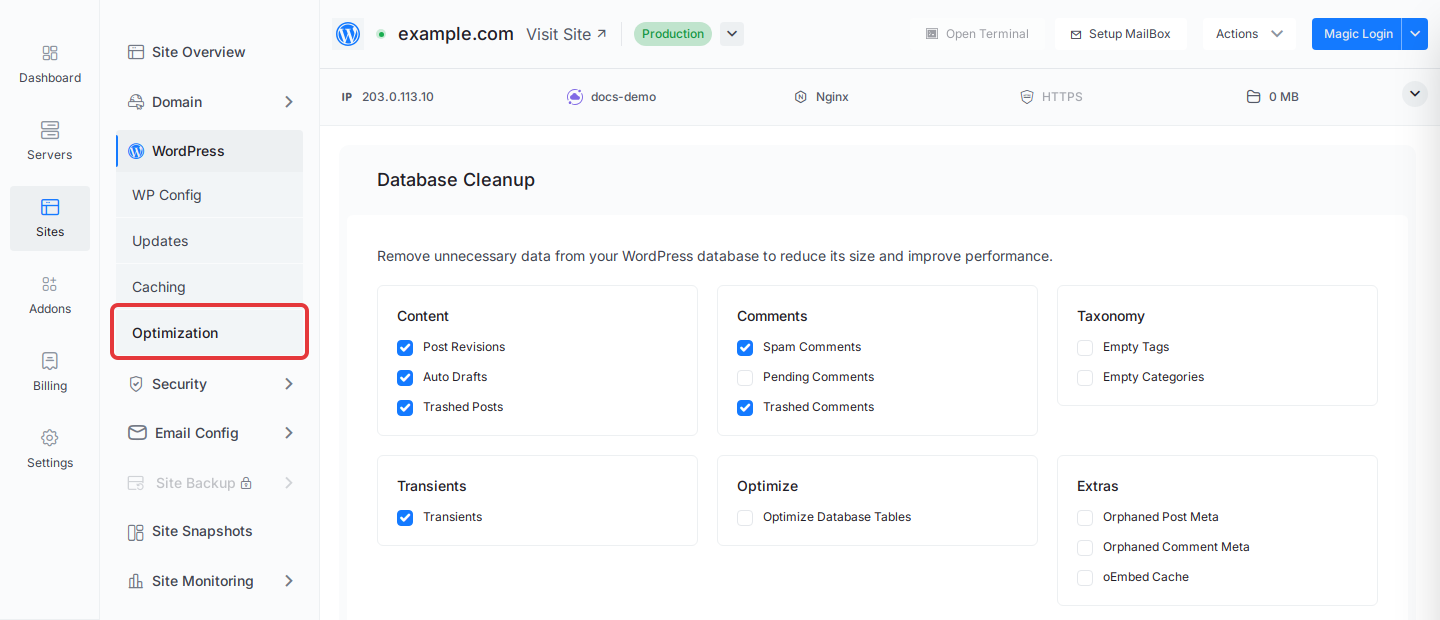 Click ‘Optimization’ under ‘WordPress’ in the site menu