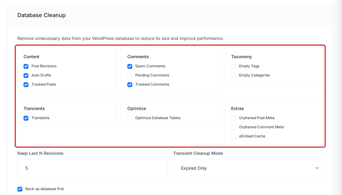 The six action boxes of the Database Cleanup panel