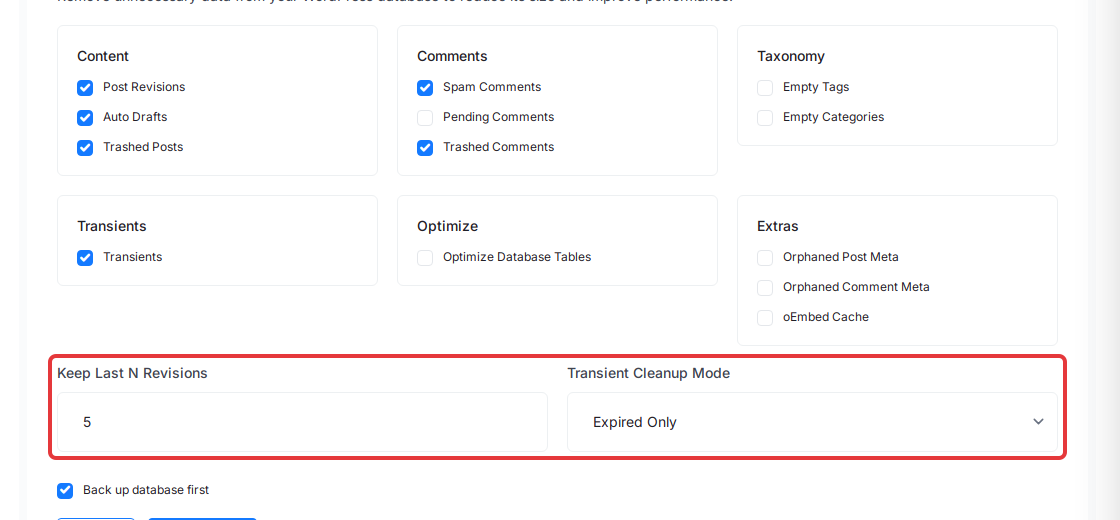 Set ‘Keep Last N Revisions’ and ‘Transient Cleanup Mode’