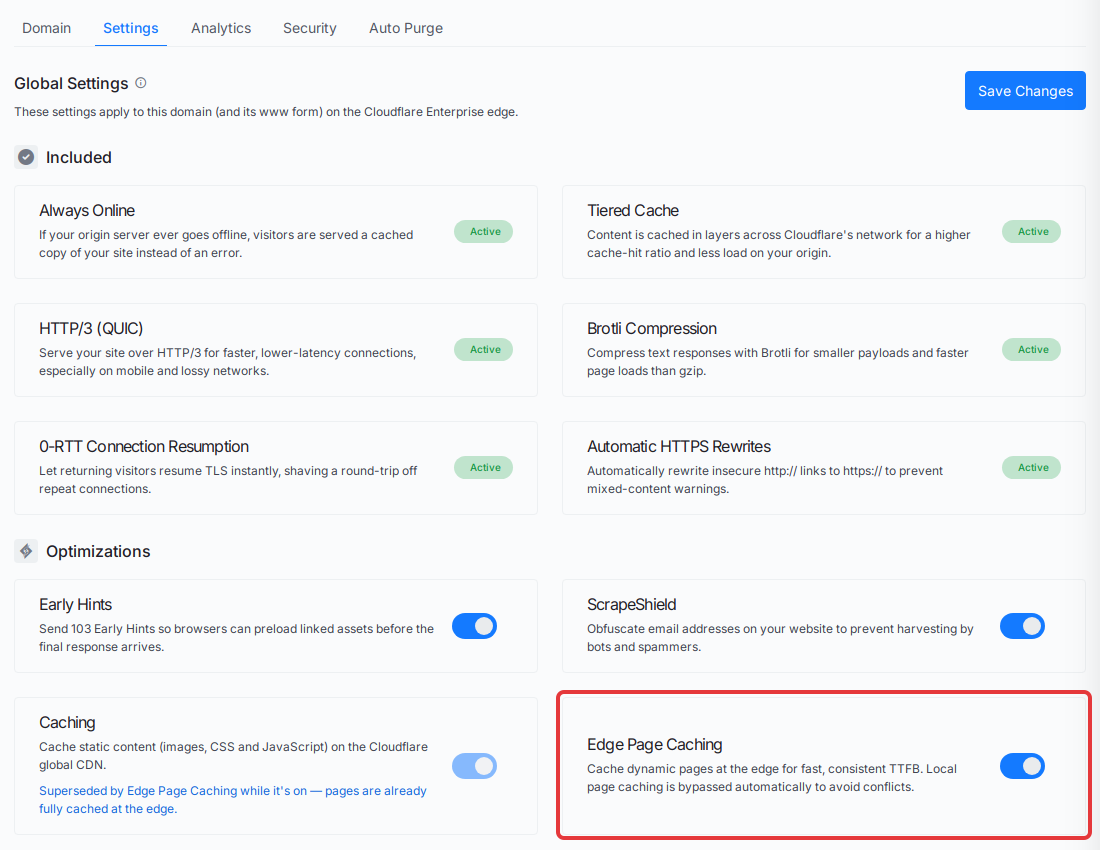 The Cloudflare Enterprise Settings tab with the Edge Page Caching switch turned on under Optimizations.