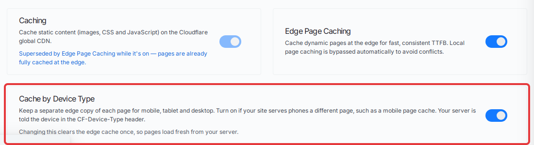 The Cache by Device Type card below Edge Page Caching, with its switch turned on.