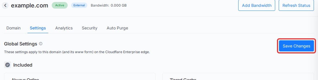 The Save Changes button at the top of the Cloudflare Enterprise Settings tab.