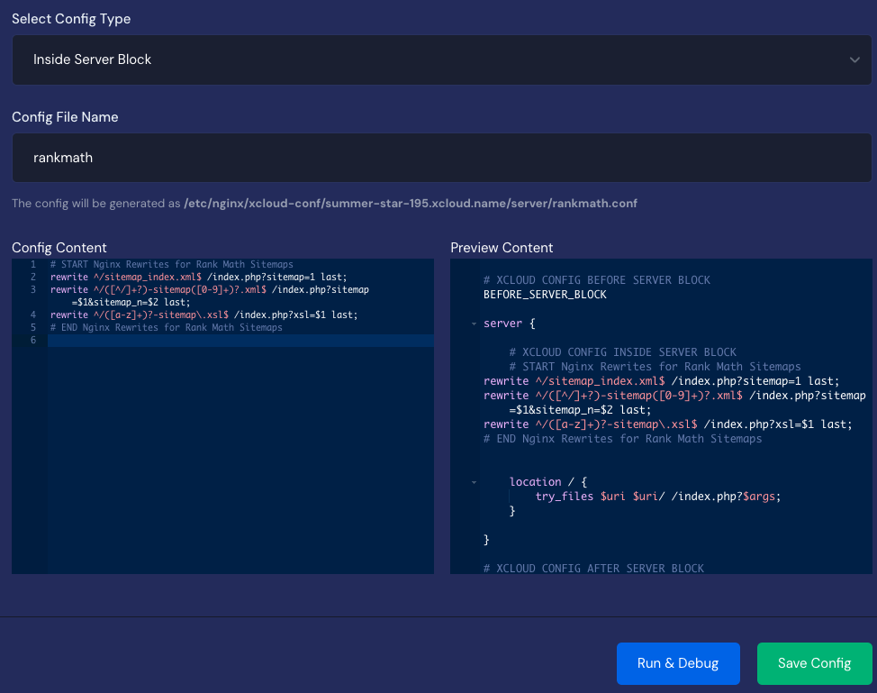 The Create Custom Nginx Configuration form in xCloud with Inside Server Block selected and the config content filled in
