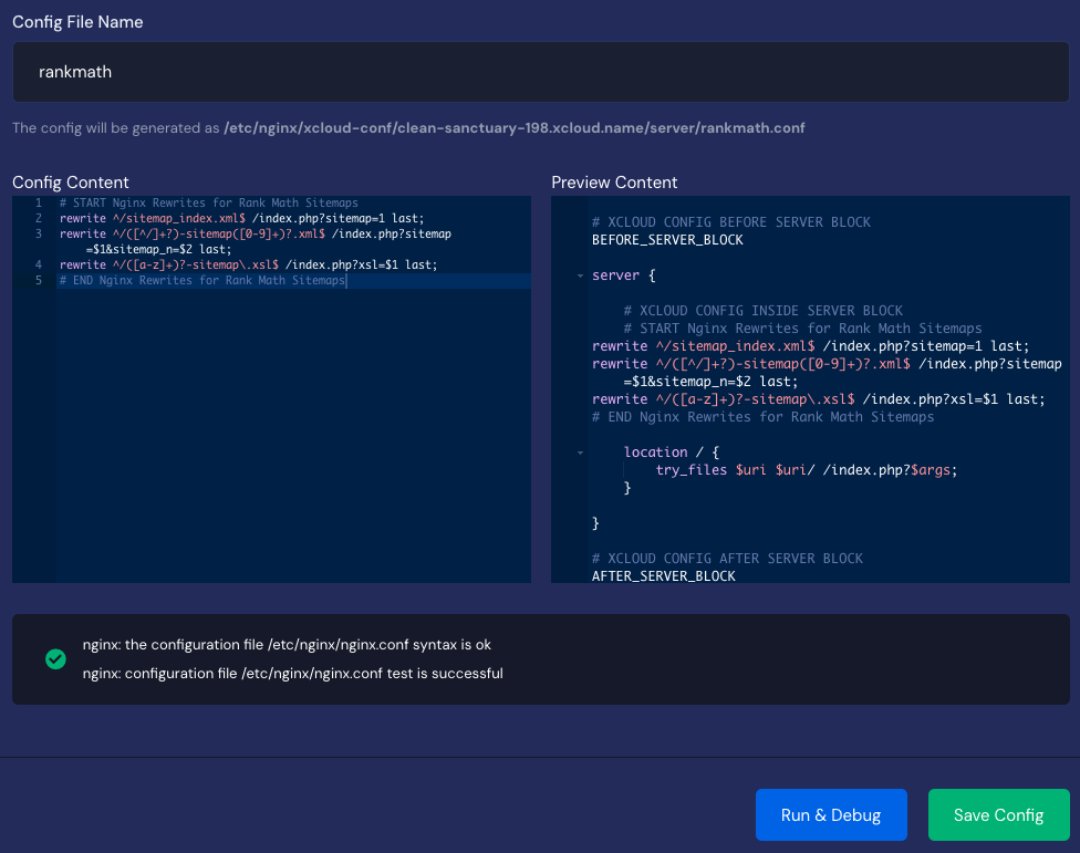 A successful Run & Debug result in xCloud showing the Nginx configuration test passed