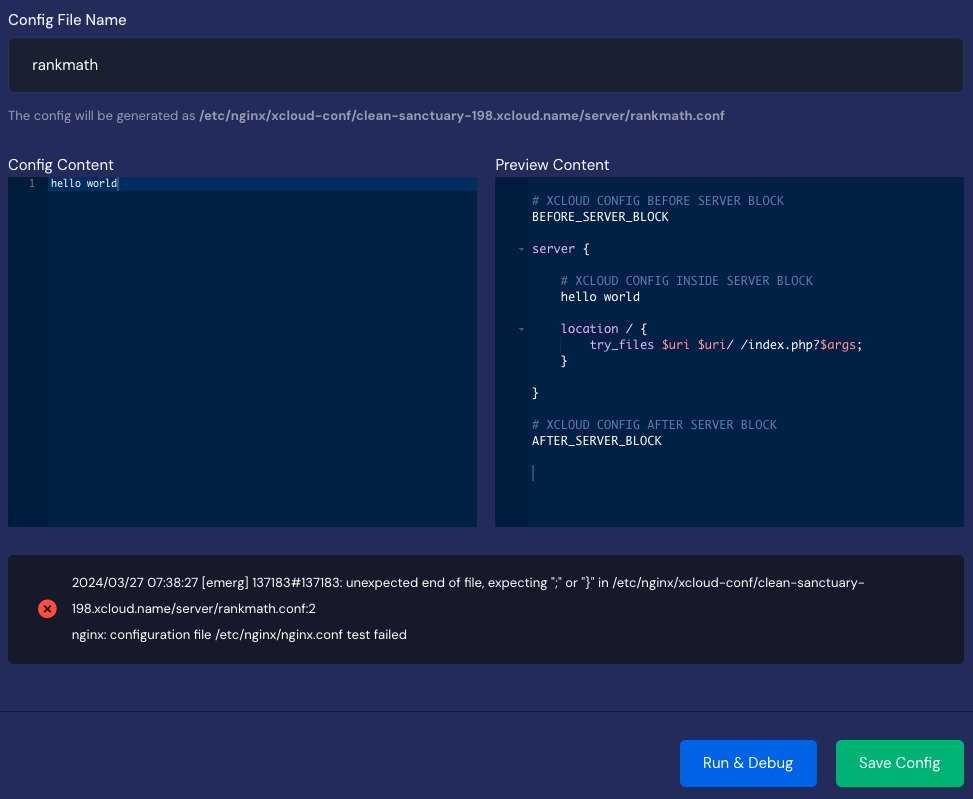 Run & Debug showing a red error message for an invalid configuration