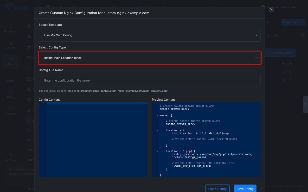 The Create Custom Nginx Configuration modal with the config type dropdown open, showing Inside Main Location Block among the insertion points