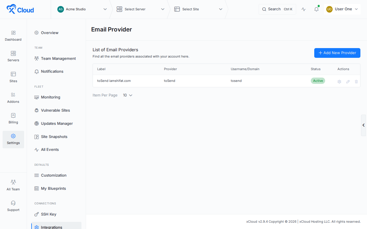 Email Provider list in xCloud