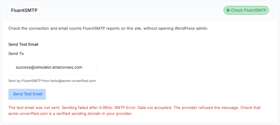 Test email refused by the provider