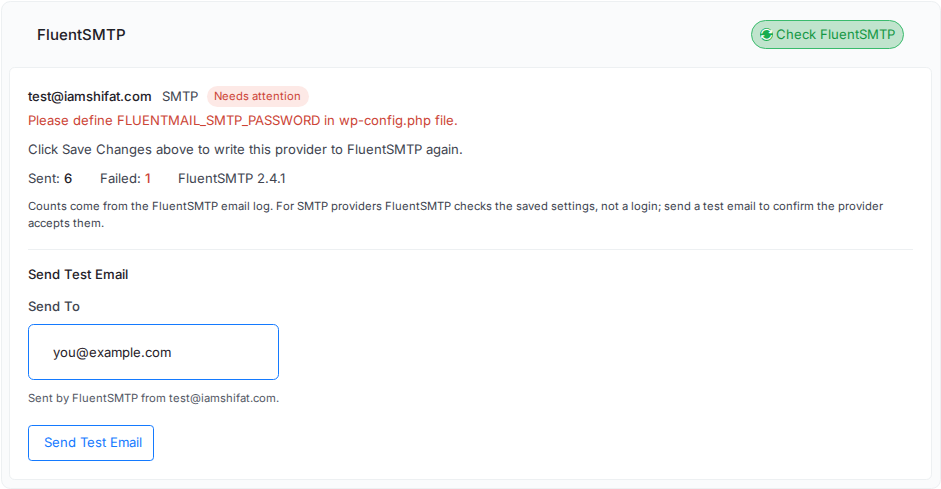 FluentSMTP connection that needs attention