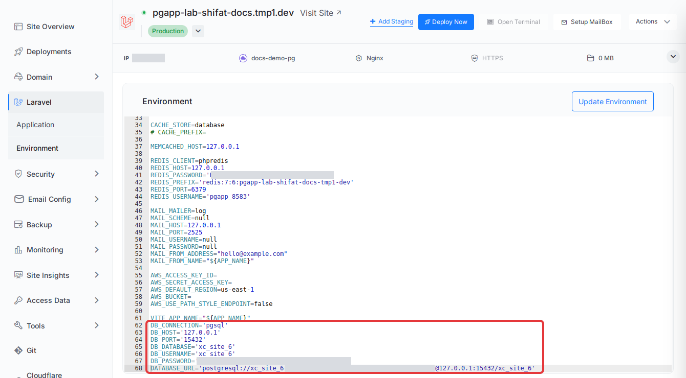 The PostgreSQL DB_ variables and DATABASE_URL in ‘Laravel’ → ‘Environment’ for a site