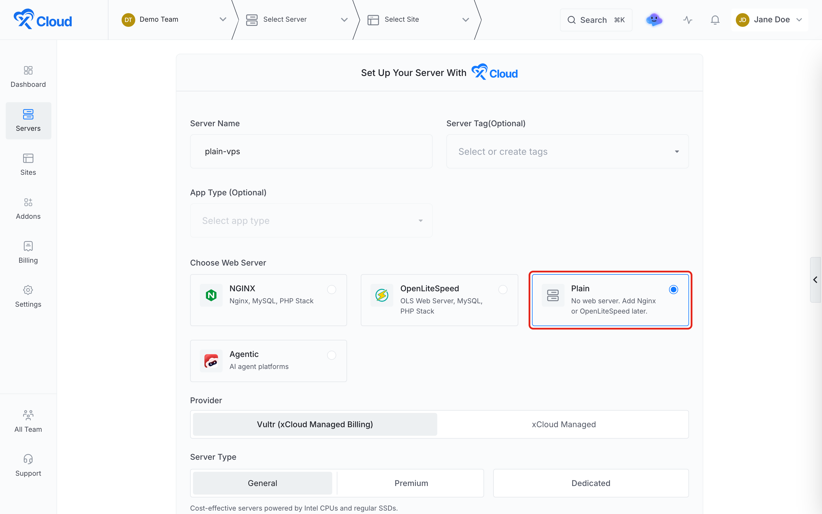 Selecting the Plain tile under Choose Web Server while creating a server with xCloud