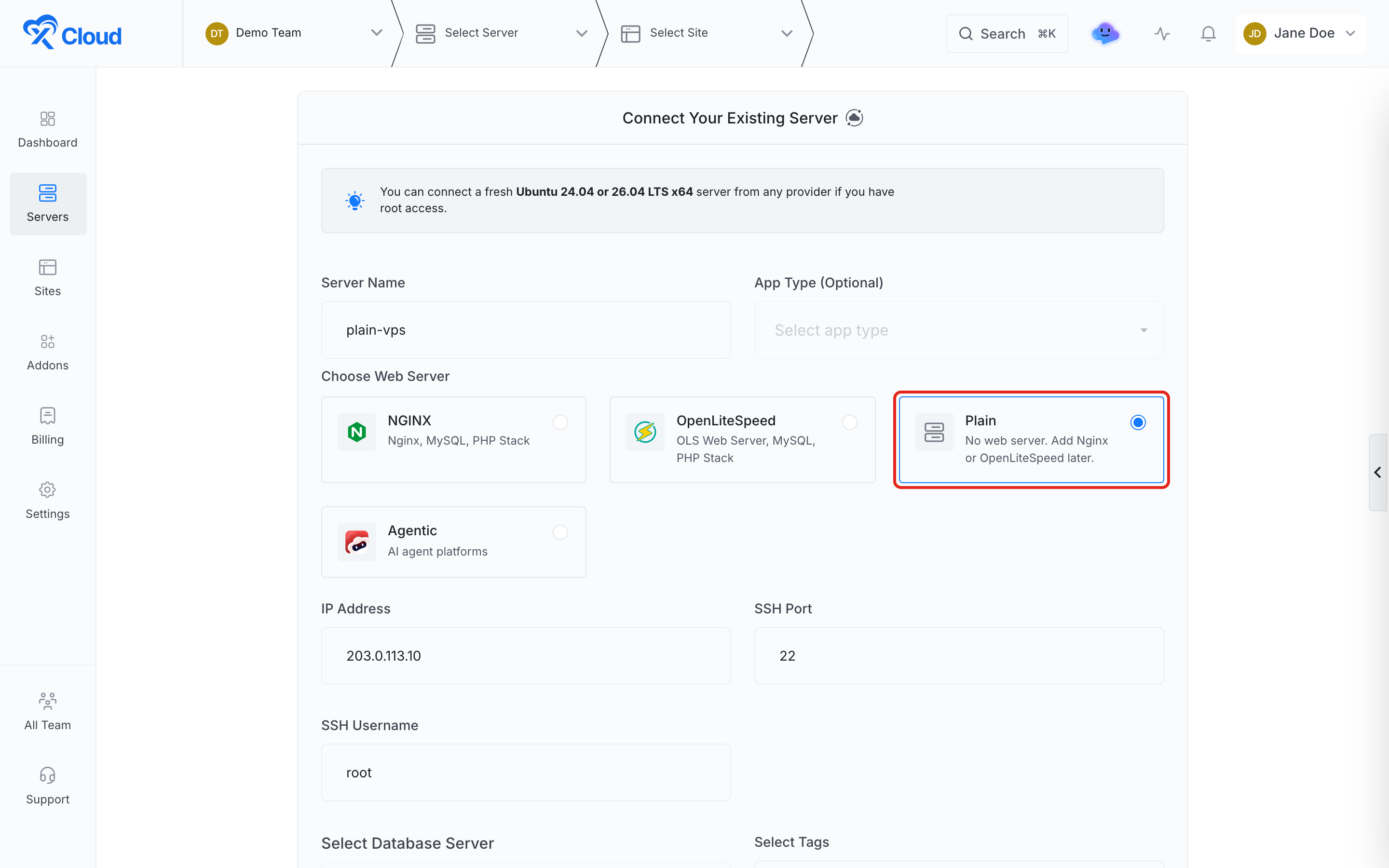 Connecting an existing server with the Plain stack selected