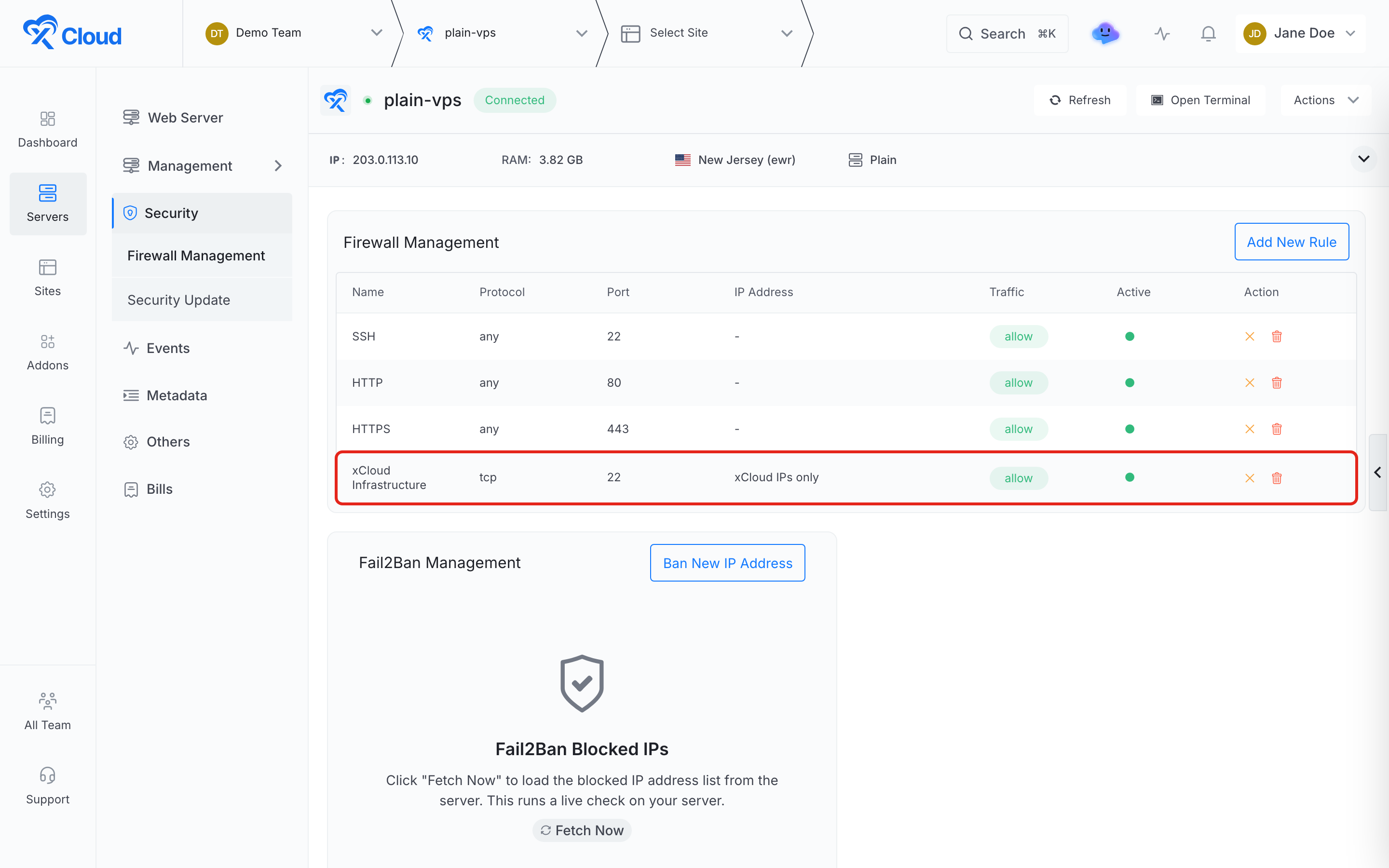 Firewall Management on a Plain server with the xCloud Infrastructure rule and Fail2Ban Management
