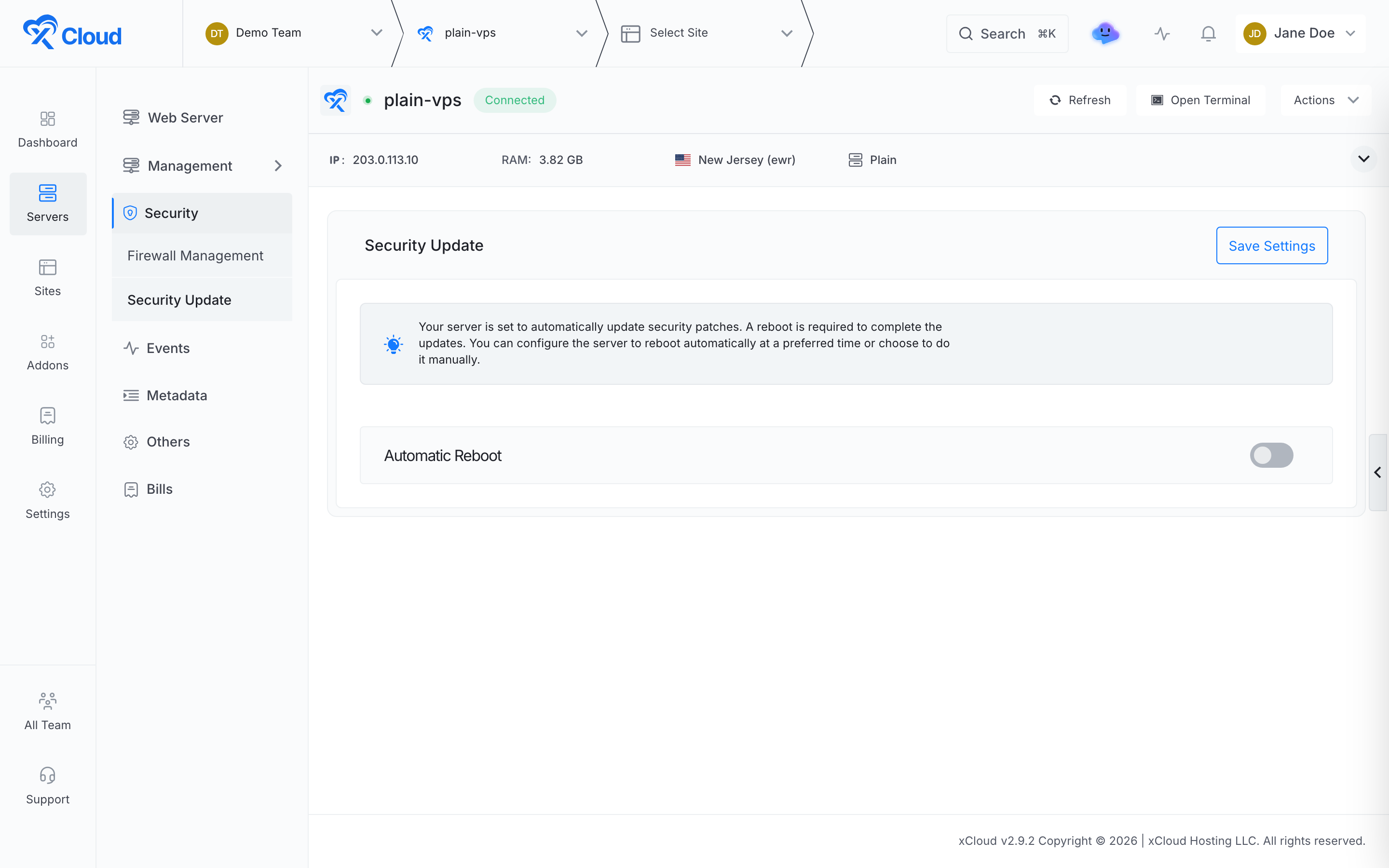 The Security Update page on a Plain server with the Automatic Reboot toggle