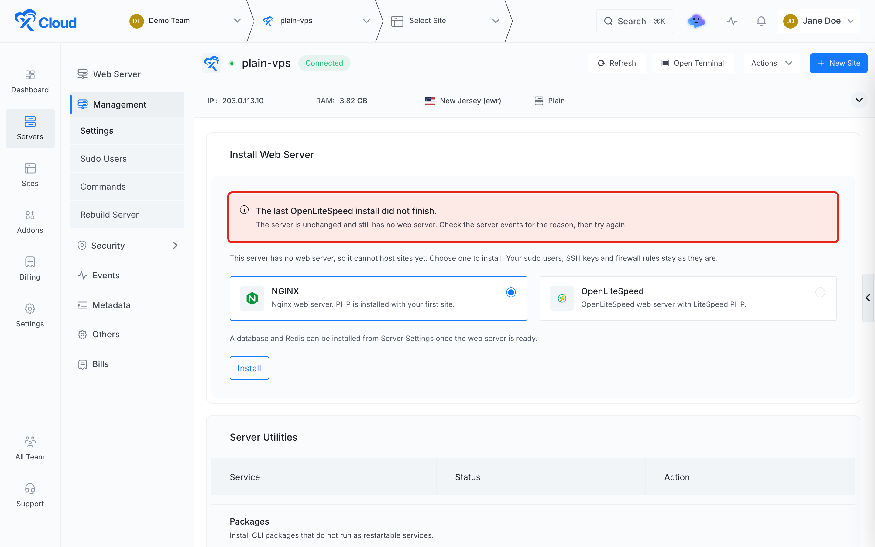The Install Web Server card reporting that the last OpenLiteSpeed install did not finish