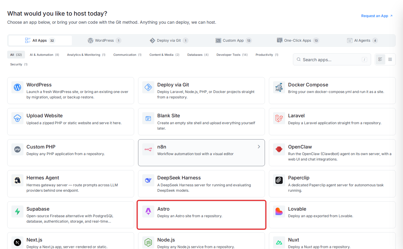 Click the Astro card on the “What would you like to host today?” screen in xCloud