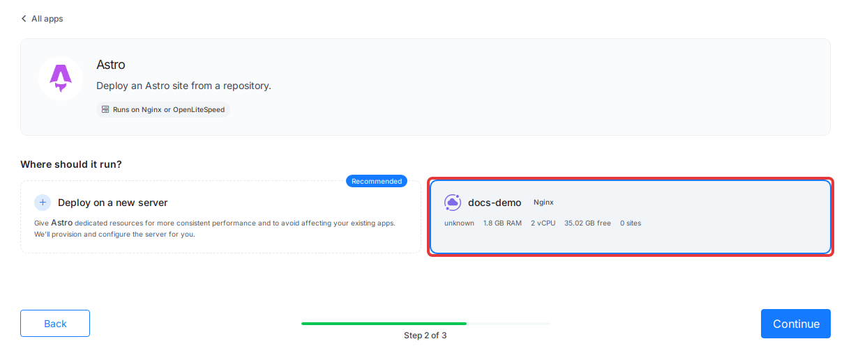 Select a server under “Where should it run?” for the Astro site
