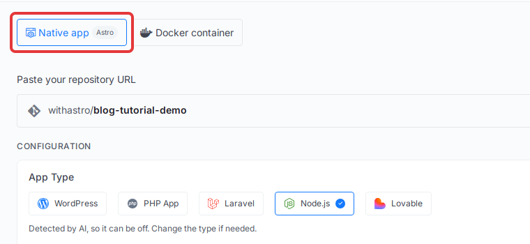 xCloud detects the repository as an Astro native app with the Node.js app type