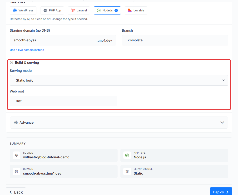 Build & serving shows Static build with dist as the web root for a static Astro site